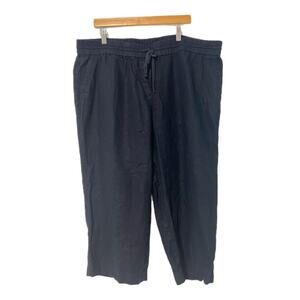 Talbots Women Pull-on 100% Linen Crop Pants Size 2X Navy Pockets Elastic Waist